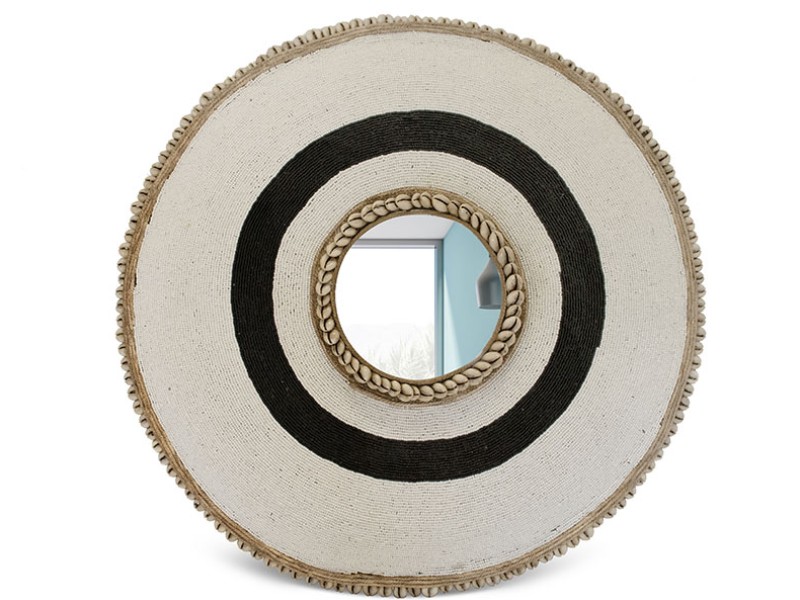 Beaded Shield Mirror - White with Black Circle